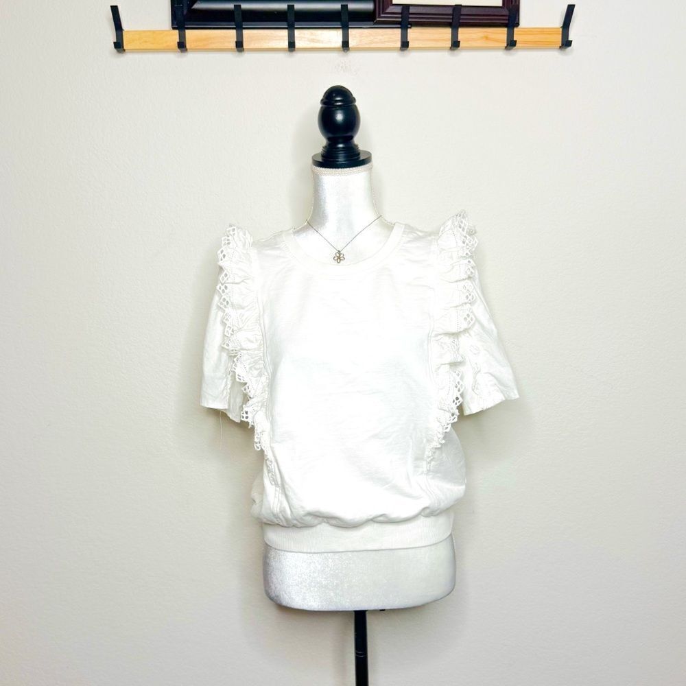 Anthropologie Women's White Lace Ruffle Sweatshirt Top  Size Small